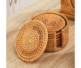 Bộ 6 Lót Ly Tròn Mây Xuất Khẩu Kèm Khay Đựng (10CM)
