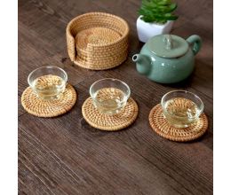 Bộ 6 Lót Ly Tròn Mây Xuất Khẩu Kèm Khay Đựng (8CM)