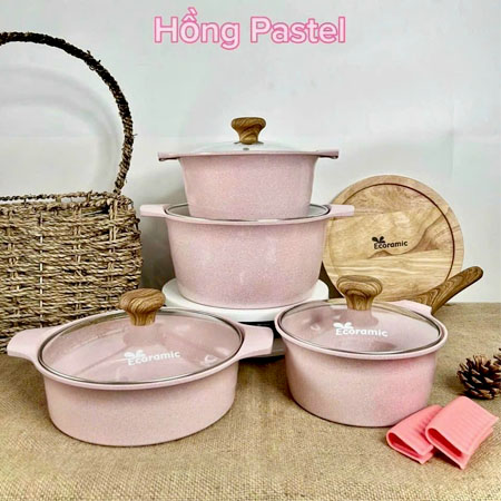 Bộ 4 Nồi Đáy Từ Cao Cấp Ecoramic Platinum Hồng Pastel