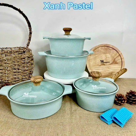 Bộ 4 Nồi Đáy Từ Cao Cấp Ecoramic Platinum Xanh Pastel