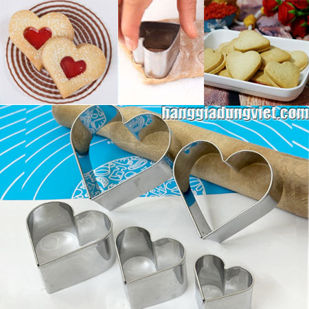 Bộ 5 Khuôn Tim Inox Nhấn Cutter Làm Bánh Quy