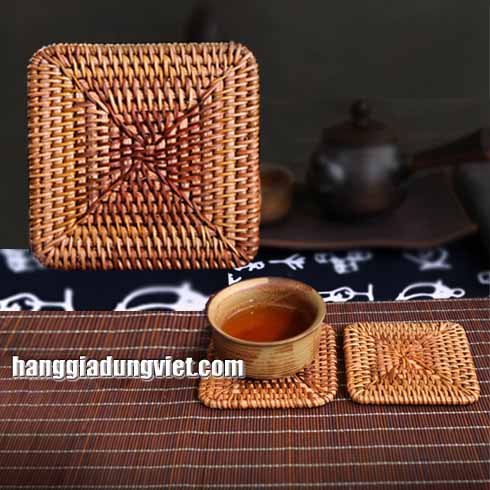 Bộ 6 Đế Lót Ly Vuông Bằng Mây 10CM Kèm Hộp Đựng
