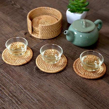 Bộ 6 Lót Ly Tròn Mây Xuất Khẩu Kèm Khay Đựng (8CM)