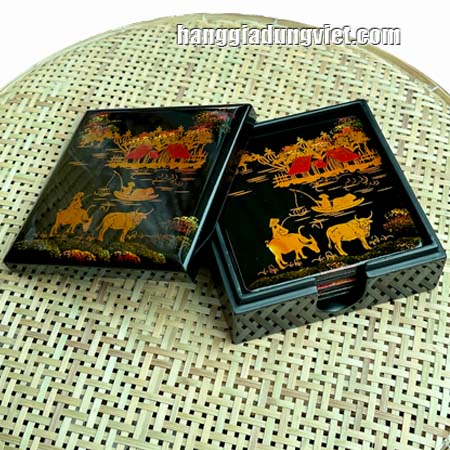 Bộ Đế Lót Ly Tranh Sơn Mài Làng Quê, Quà Lưu Niệm Việt Nam