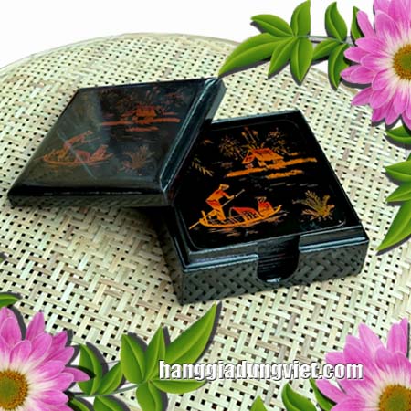 Bộ Đế Lót Ly Tranh Sơn Mài Làng Quê, Quà Lưu Niệm Việt Nam