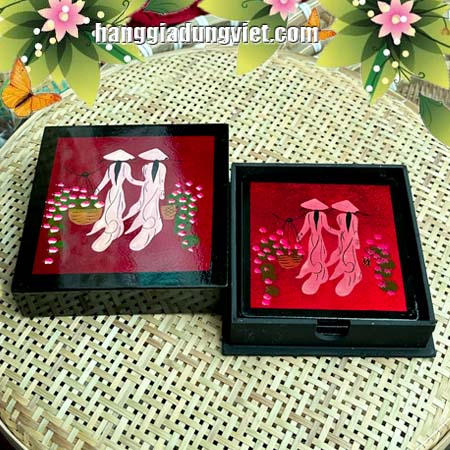 Bộ Đế Lót Ly Tranh Tranh Sơn Mài Áo Dài Việt Nam