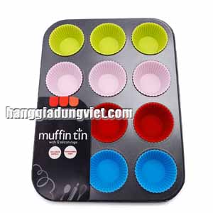 Khuôn Bánh Muffin 12 ô Kèm Lót Silicon