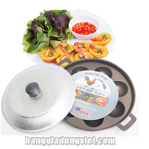 Chảo Chiên Bánh Khọt 8 Lỗ Kèm Nắp Đậy
